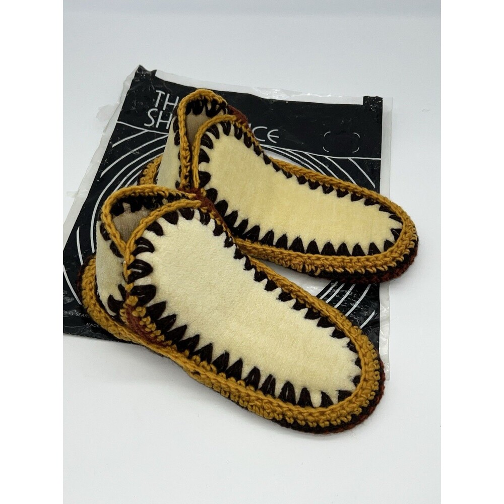 Sears Deadstock VTG 70s Cottagecore Boho Crochet Knit Slippers House Shoes-7-8